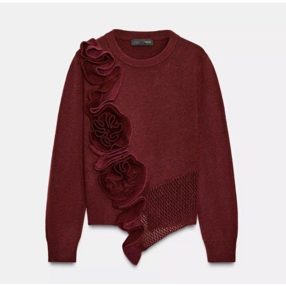 Zara Women Sweater XL Red Floral Applique Asymmetric Pullover Jumper 9874/110